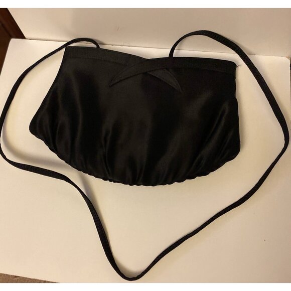 Black Satin Clutch Crossbody Strap Evening Bag Shoulder Womens Self Trim Accent - Picture 2 of 8